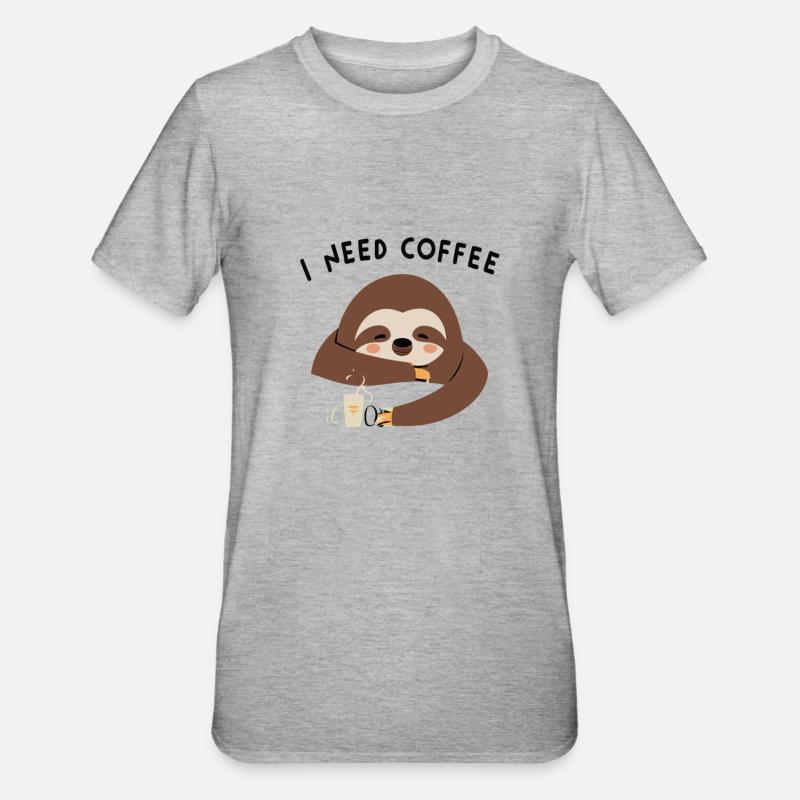 Sloth I Need Coffee - Unisex Polycotton T-Shirt - heather grey