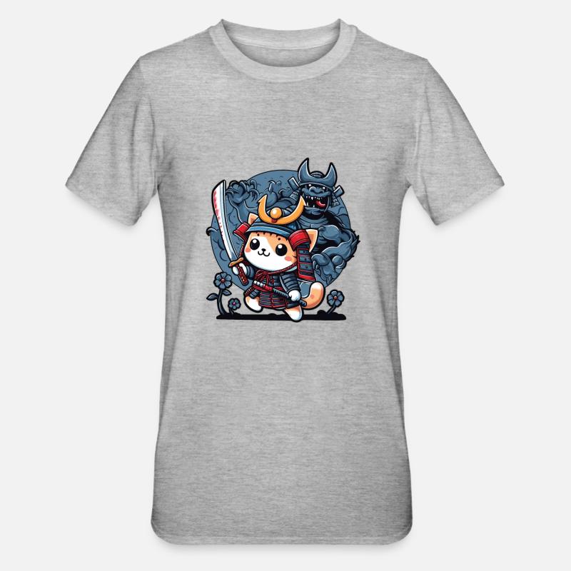 Samurai-Ninja-Katze und Monster dahinter - Unisex Polycotton T-Shirt - Grau meliert