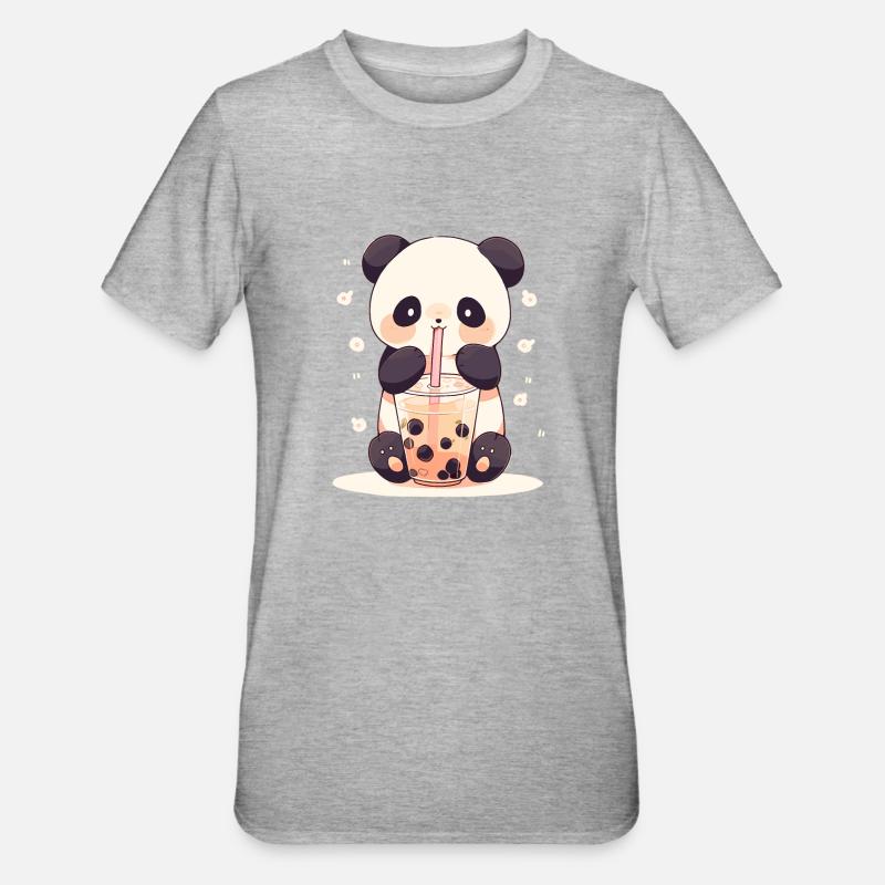 Kawaii Panda boit Boba Bubble Tea Chibi - T-shirt polycoton Unisexe - gris chiné