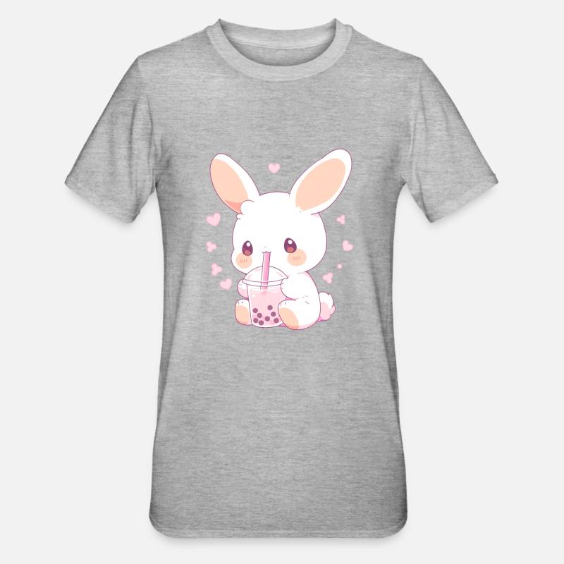 Kawaii Bunny boit Boba Bubble Tea Chibi - T-shirt polycoton Unisexe - gris chiné