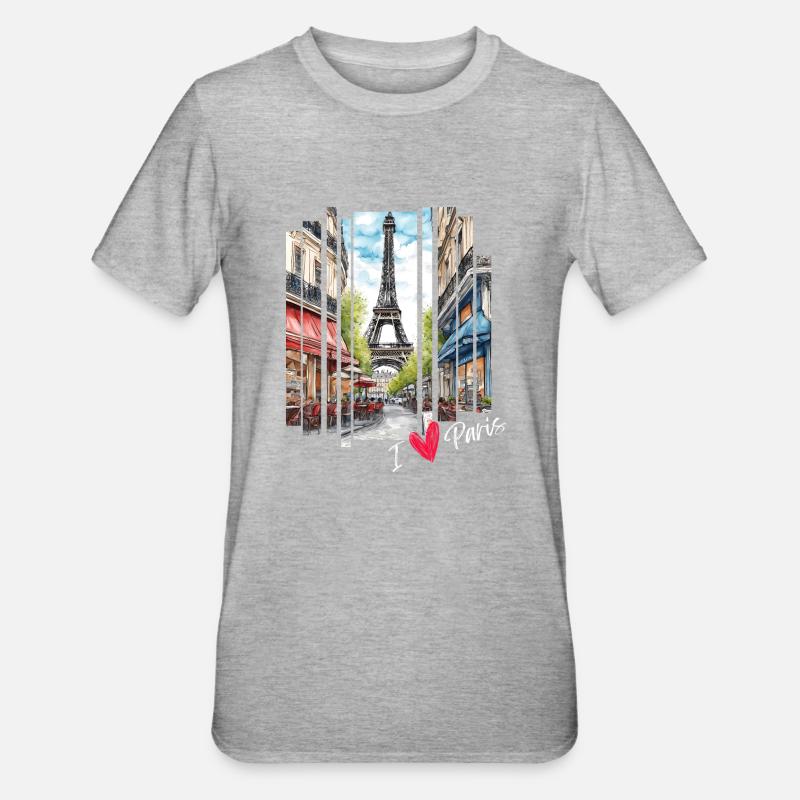 J’adore Paris : la Tour Eiffel et un Charming Café - T-shirt polycoton Unisexe - gris chiné