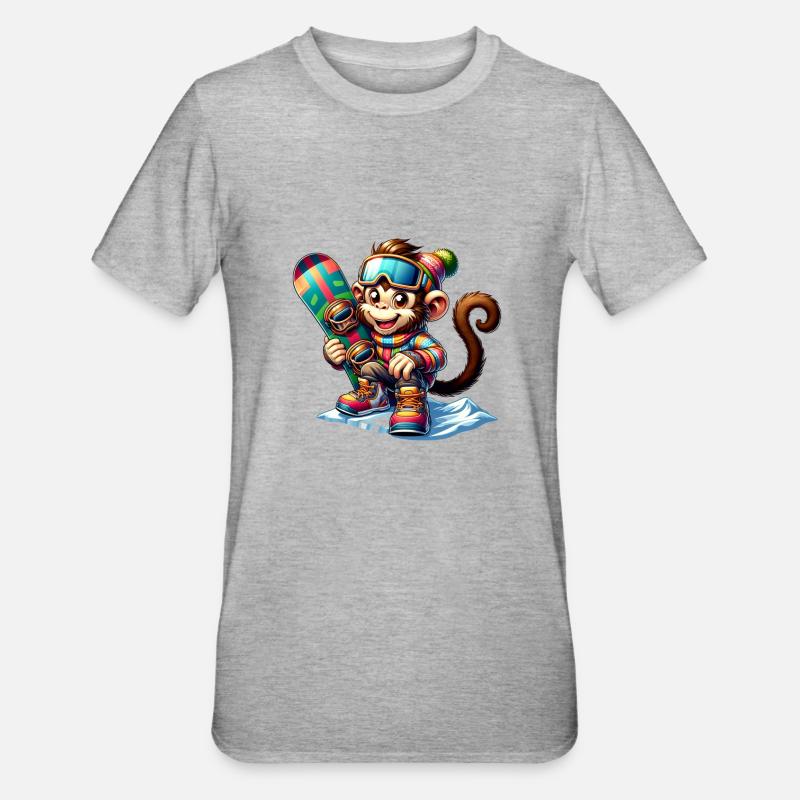 Singe snowboarder mignon - T-shirt polycoton Unisexe - gris chiné