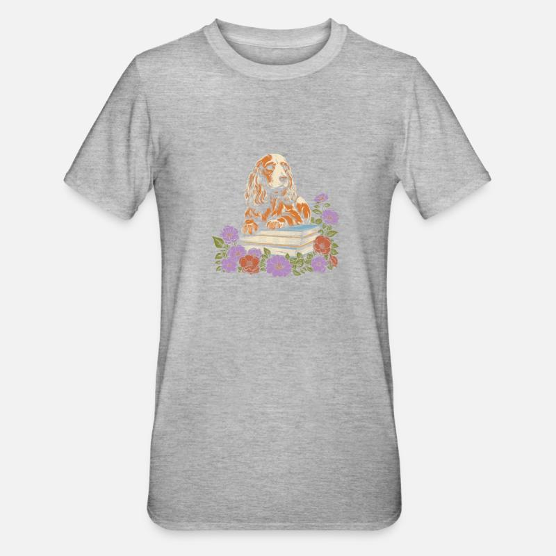 Cocker Spaniel Flower Book Reader - T-shirt polycoton Unisexe - gris chiné