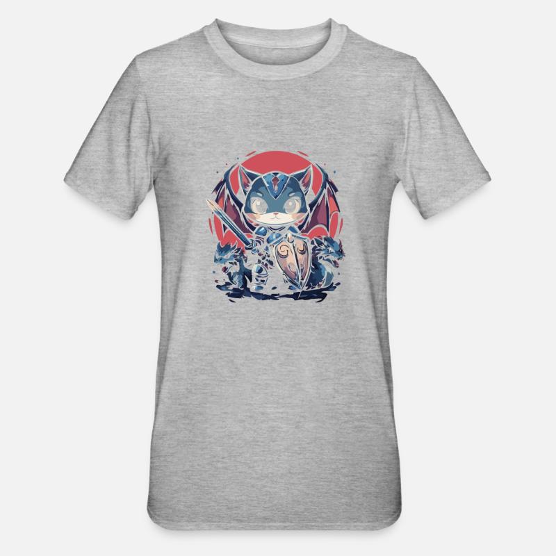 Chevalier chat épique avec des compagnons dragons - T-shirt polycoton Unisexe - gris chiné
