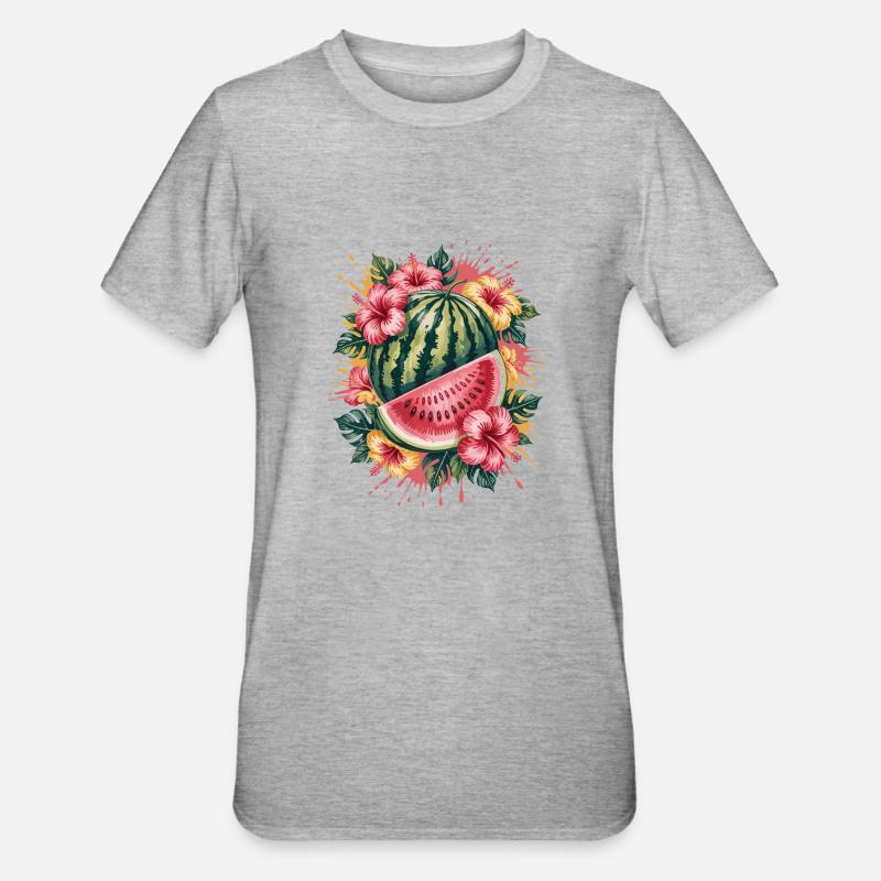 pastèque tropicale hibiscus d’été éclaboussure - T-shirt polycoton Unisexe - gris chiné