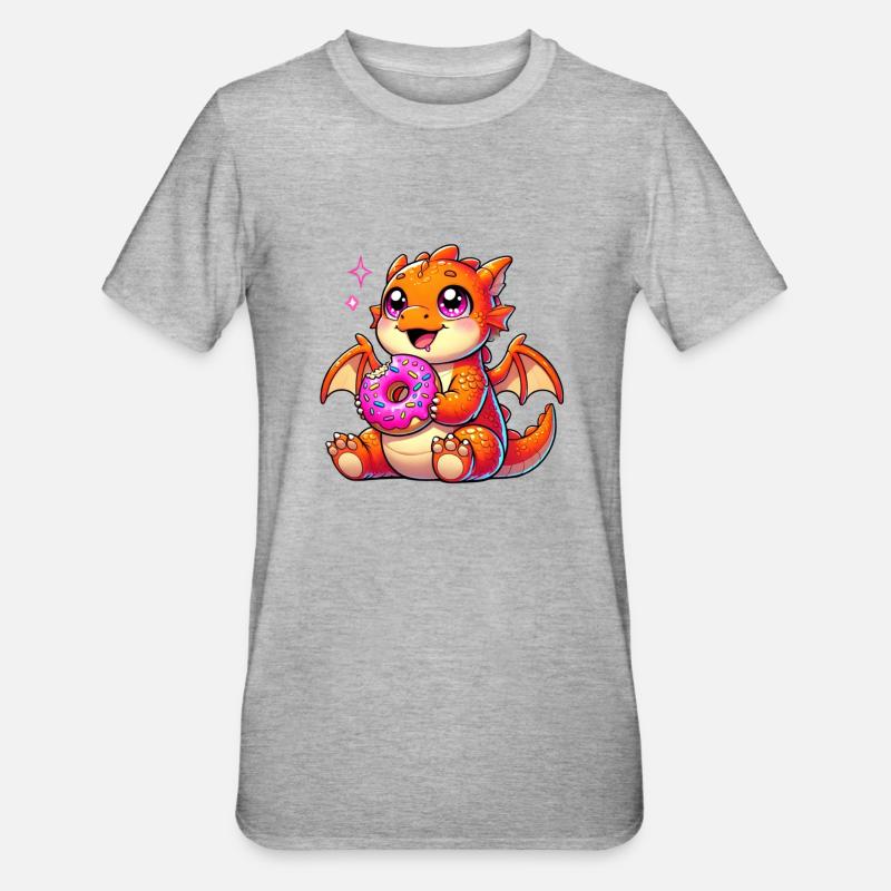Charming Dragon with Donut - Comic Artwork - Unisex Polycotton T-Shirt - heather grey