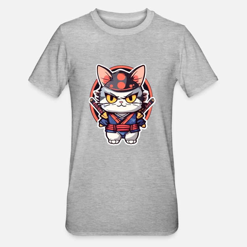Chat samouraï #3 - T-shirt polycoton Unisexe - gris chiné