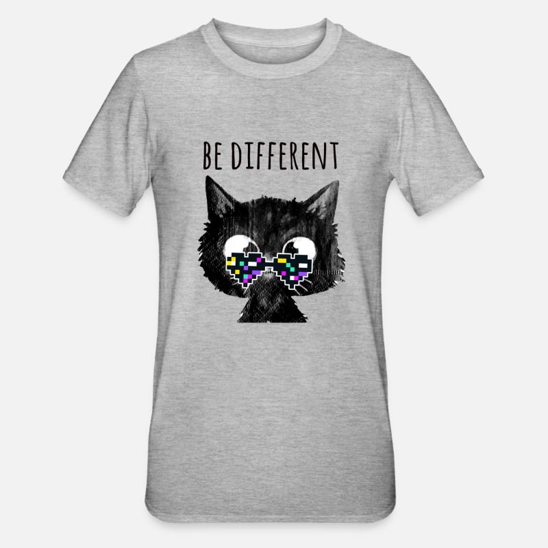 Katze, be different ,nerd,pixelbrille, pixel - Unisex Polycotton T-Shirt - Grau meliert