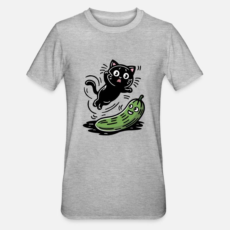 Chat effrayé et concombre - T-shirt polycoton Unisexe - gris chiné