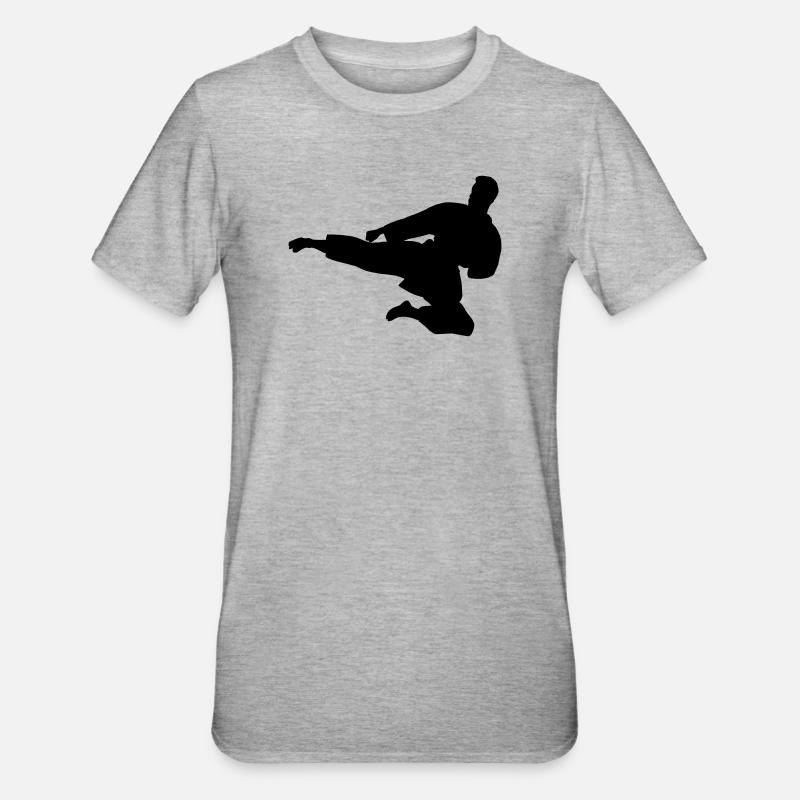 Karate oder Taekwondo sprangen seitwärts - Unisex Polycotton T-Shirt - Grau meliert