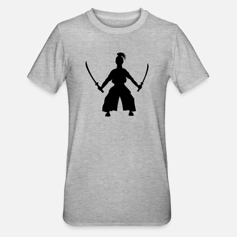 Épéiste japonais debout 2 épées - T-shirt polycoton Unisexe - gris chiné