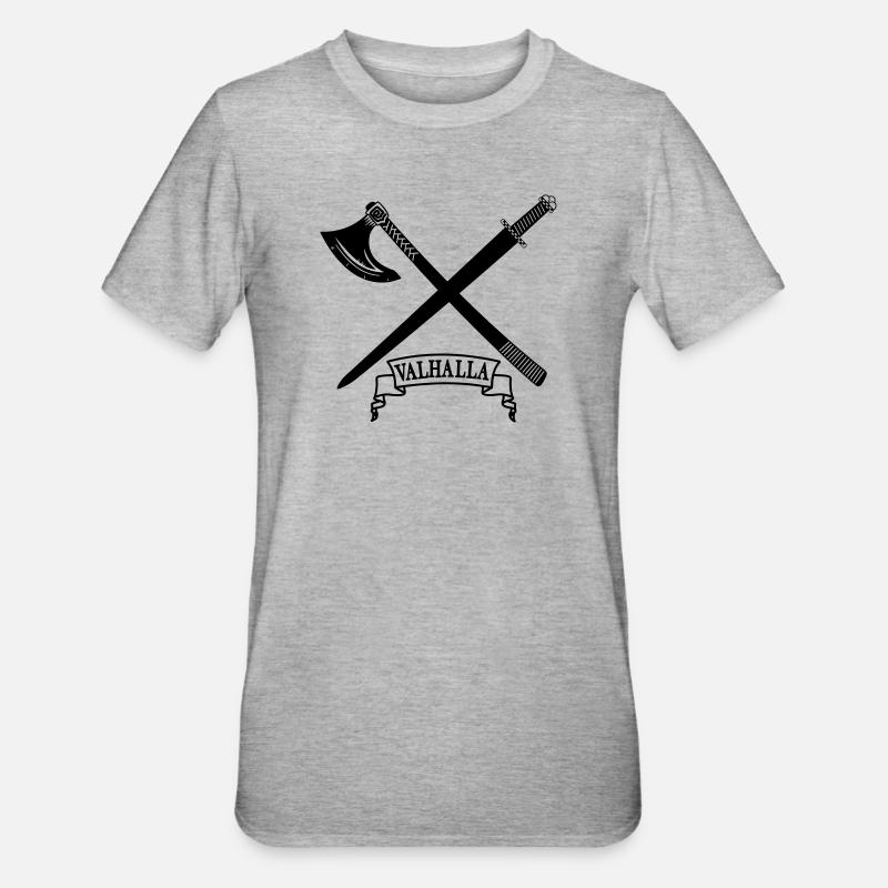 Valhalla avec hache et épée - T-shirt polycoton Unisexe - gris chiné