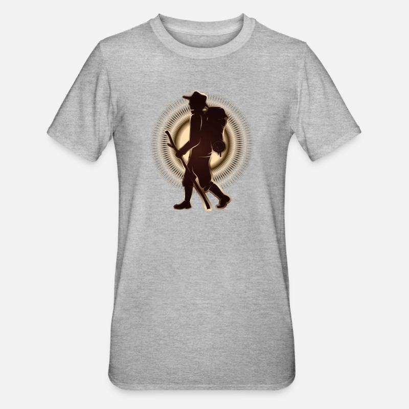 Pilger oder Wanderer mit Wanderstab & Rucksack - Unisex Polycotton T-Shirt - Grau meliert