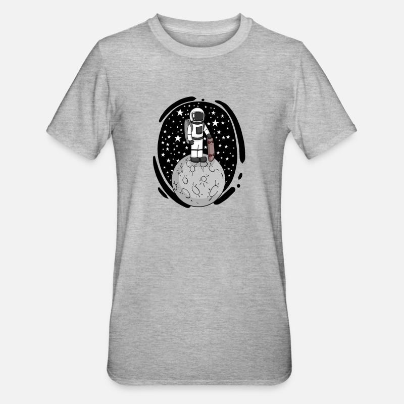 Astronaute avec skateboard dans l’espace - T-shirt polycoton Unisexe - gris chiné
