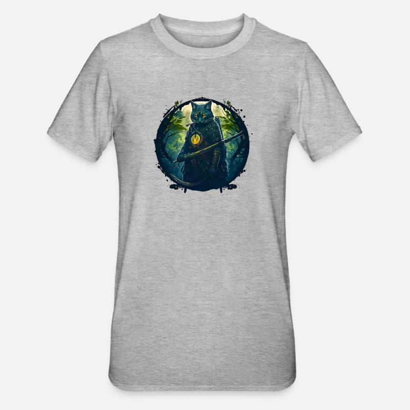 Katze als Samurai in Wald - Unisex Polycotton T-Shirt - Grau meliert