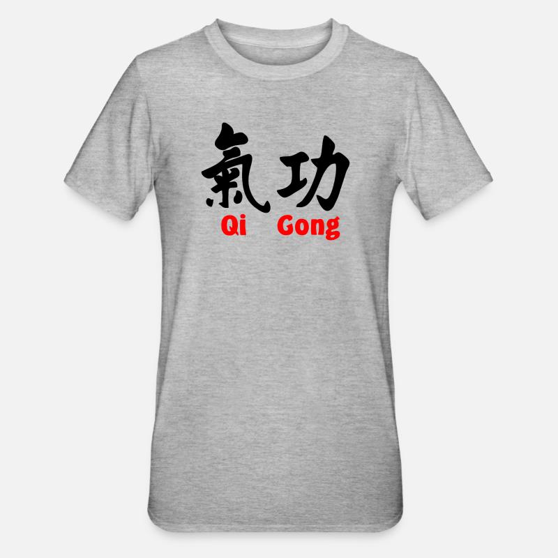 QI gong avec texte horizontal avec texte rouge - T-shirt polycoton Unisexe - gris chiné