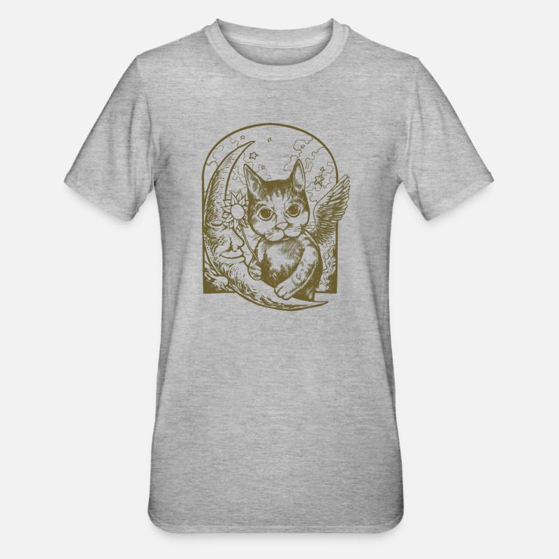 Chat céleste et lune ailée - T-shirt polycoton Unisexe - gris chiné