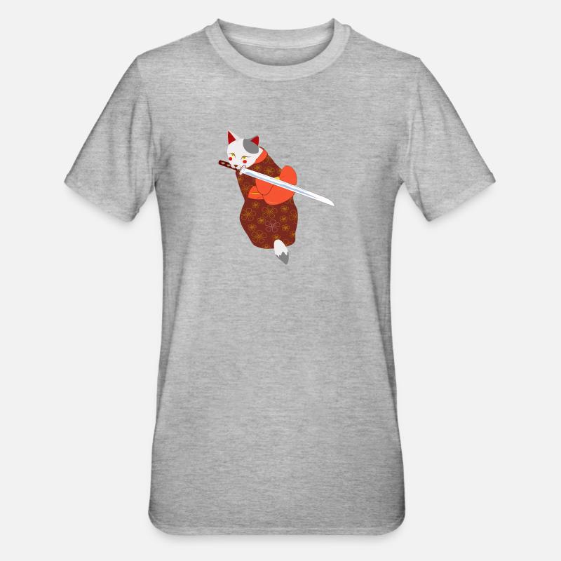 chat en kimono épée mordante - T-shirt polycoton Unisexe - gris chiné