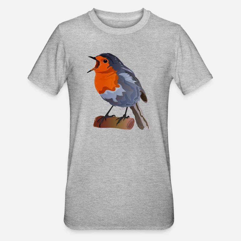 Robin Bird Illustration on Textile - Unisex Polycotton T-Shirt - heather grey