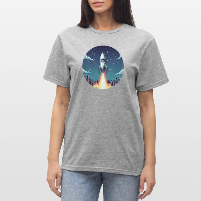 Lancement d’une fusée dans l’espace devant le ciel nocturne dans un style comique T-shirt polycoton Unisexe