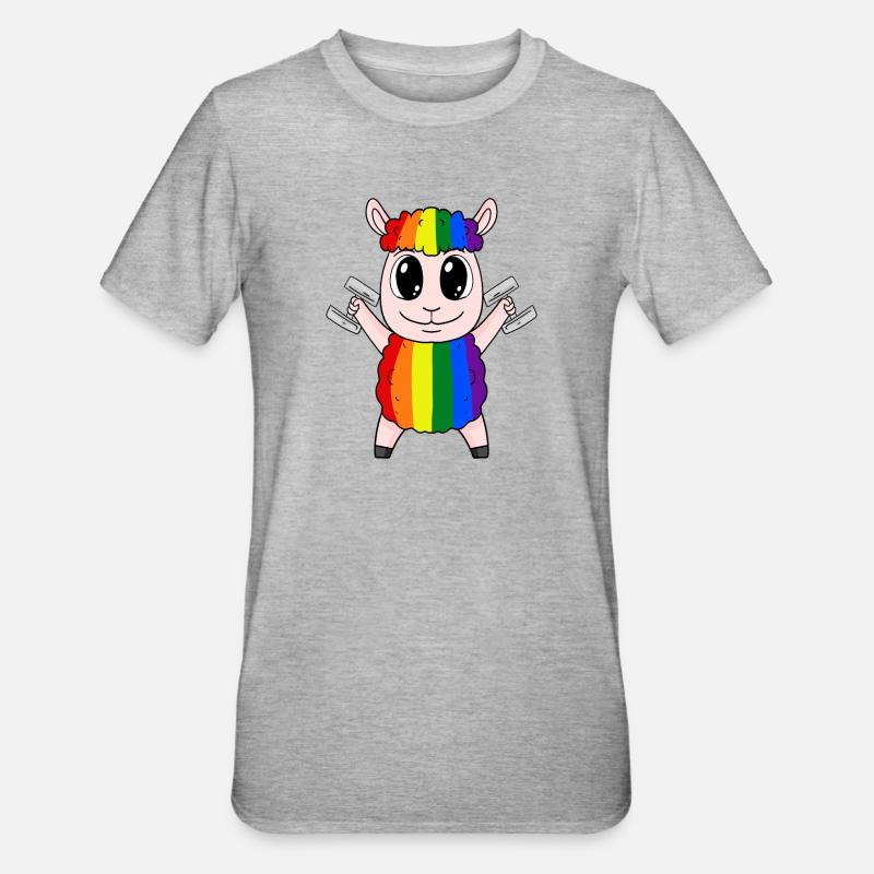 Regenbogen Schaf mit Hanteln - Unisex Polycotton T-Shirt - Grau meliert