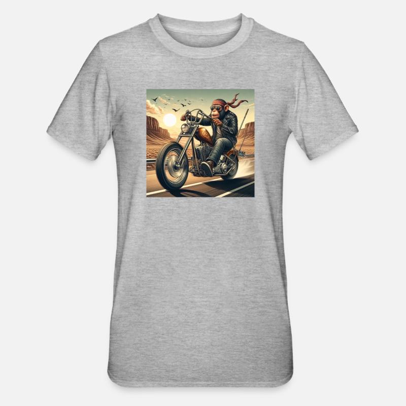 Cooler Affe auf einem Chopper - Unisex Polycotton T-Shirt - Grau meliert