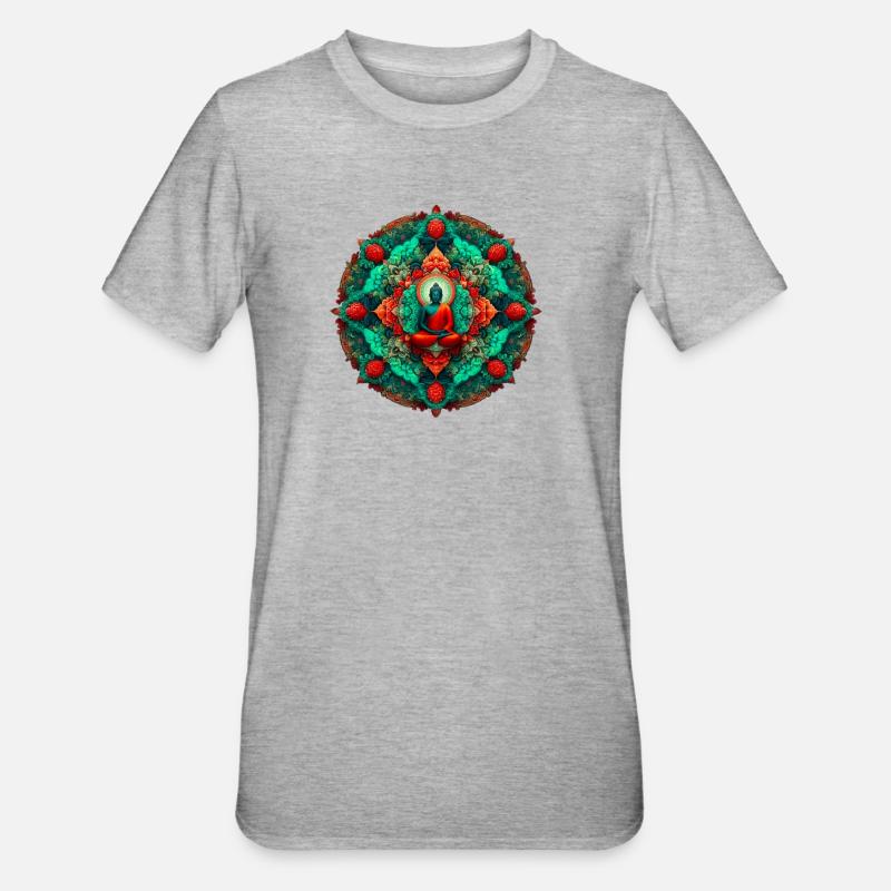 Bouddha Mandala sarcelle - T-shirt polycoton Unisexe - gris chiné