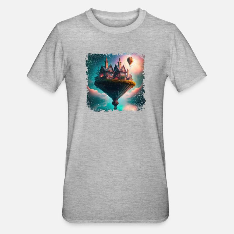 Fantasy schwebendes Dorf - Unisex Polycotton T-Shirt - Grau meliert