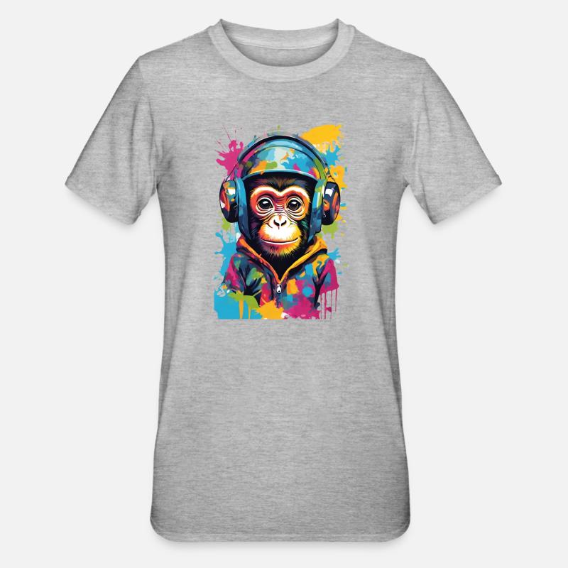 Bunter Affe mit Kopfhörern - Unisex Polycotton T-Shirt - Grau meliert
