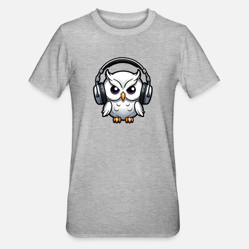 weiße Eule mit Kopfhörern - Unisex Polycotton T-Shirt - Grau meliert