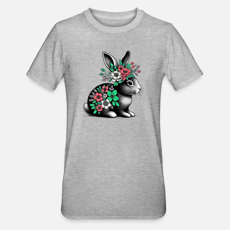 Lapin aux fleurs - T-shirt polycoton Unisexe - gris chiné