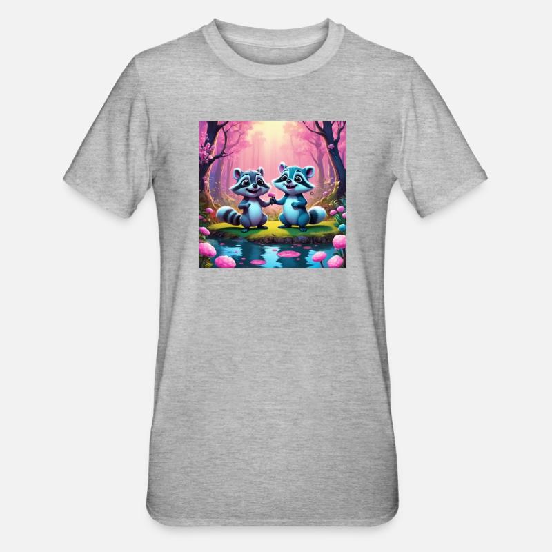 Ratons laveurs dans la forêt de conte de fées - T-shirt polycoton Unisexe - gris chiné