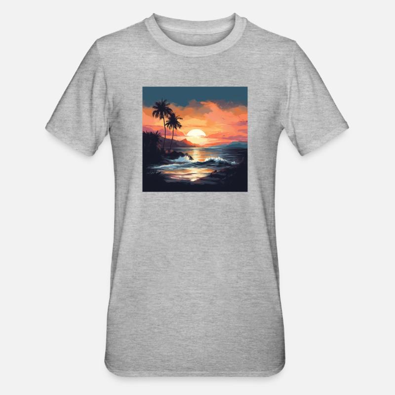 Coucher de soleil tropical sur la plage - T-shirt polycoton Unisexe - gris chiné