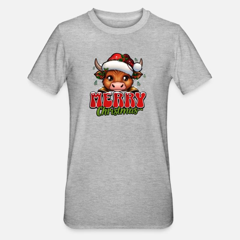 Weihnachtskuh mit Santa Hut - Unisex Polycotton T-Shirt - Grau meliert