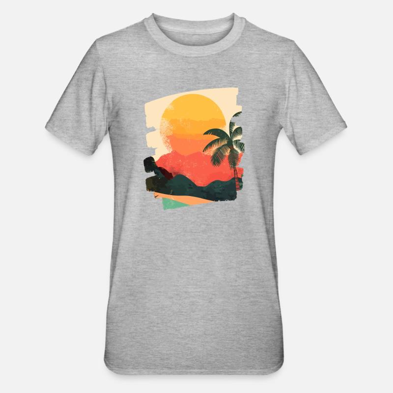 Summer Palm Tree Sunset - Unisex Polycotton T-Shirt - heather grey