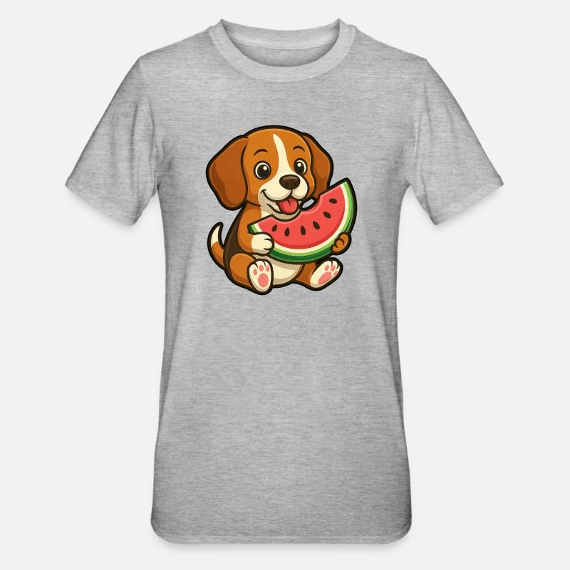Joyeux Beagle Pastèque Fruit d’été - T-shirt polycoton Unisexe - gris chiné