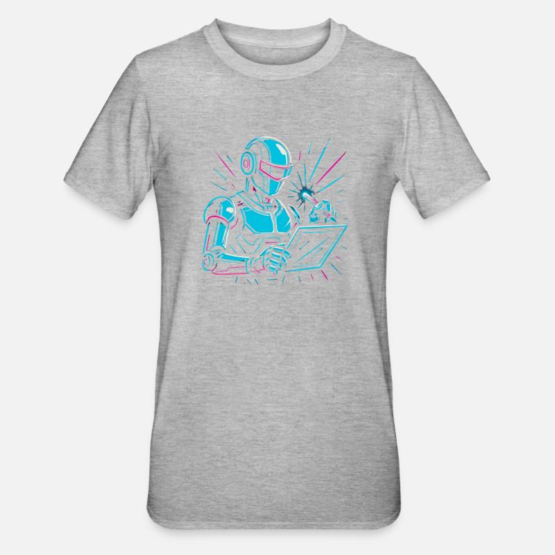 Roboter mit Laptop & Stift - Unisex Polycotton T-Shirt - Grau meliert