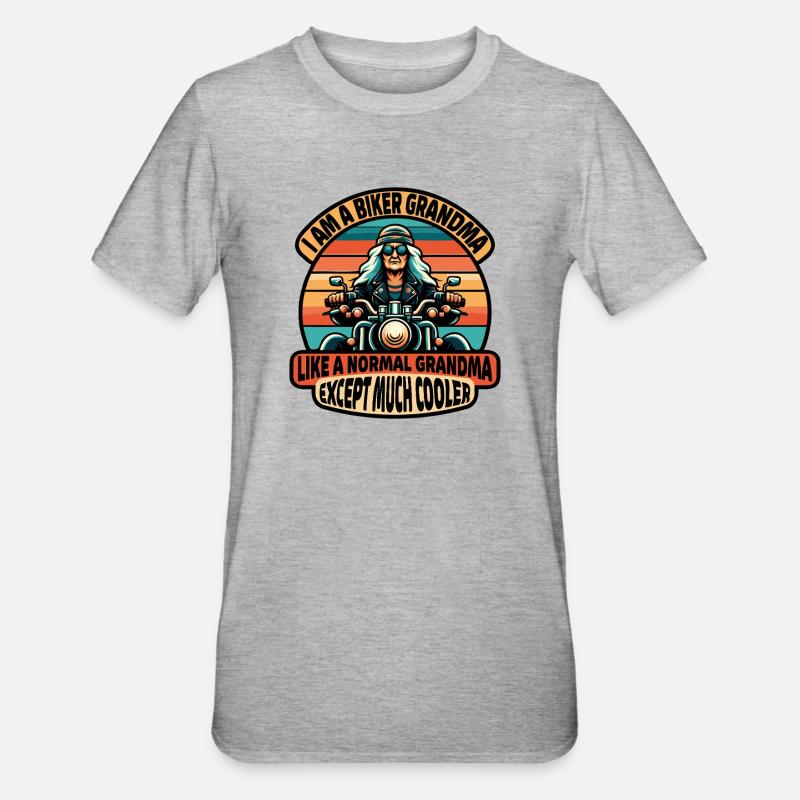 Biker-Oma mit cooler Attitüde - Unisex Polycotton T-Shirt - Grau meliert