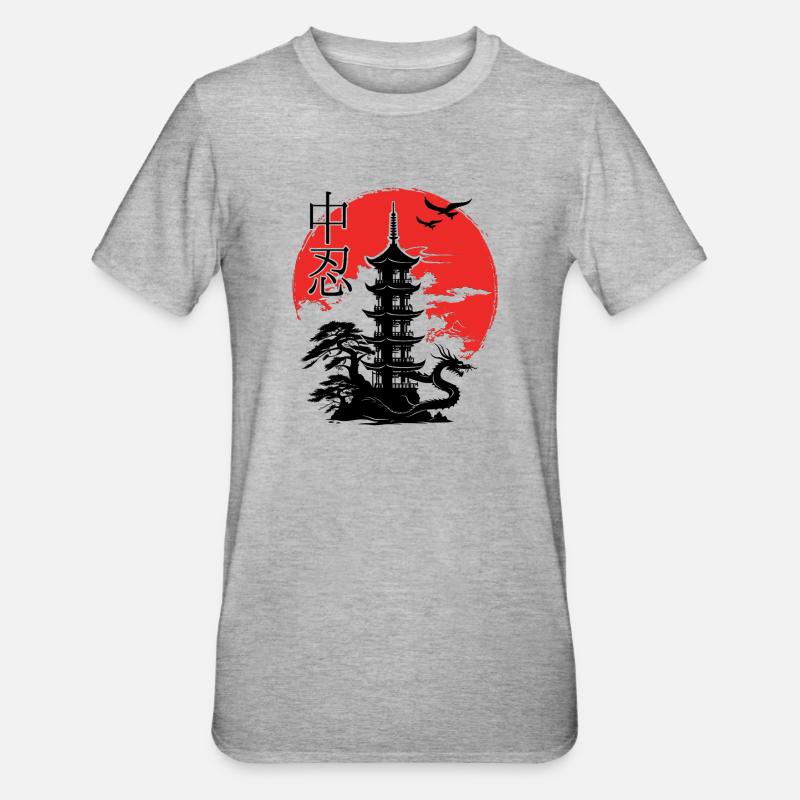 Pagode japonaise Coucher de soleil - T-shirt polycoton Unisexe - gris chiné