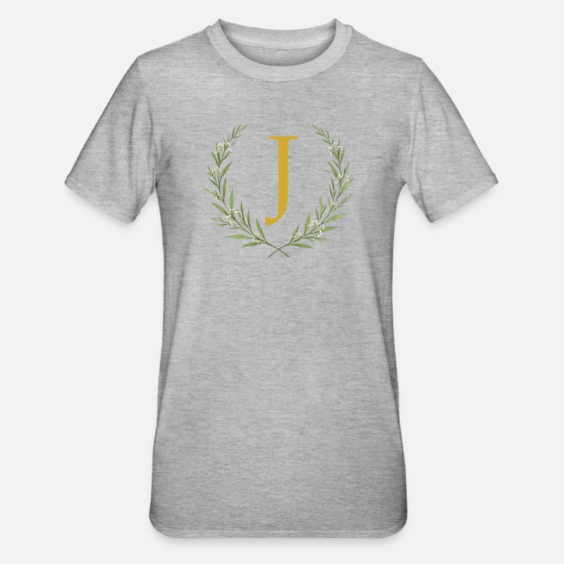 J Monogramm, Eukalyptus Kranz, personalisierbar - Unisex Polycotton T-Shirt - Grau meliert