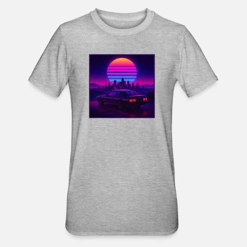 Neon Outrun Sunset Car – Synthwave rétro - T-shirt polycoton Unisexe - gris chiné