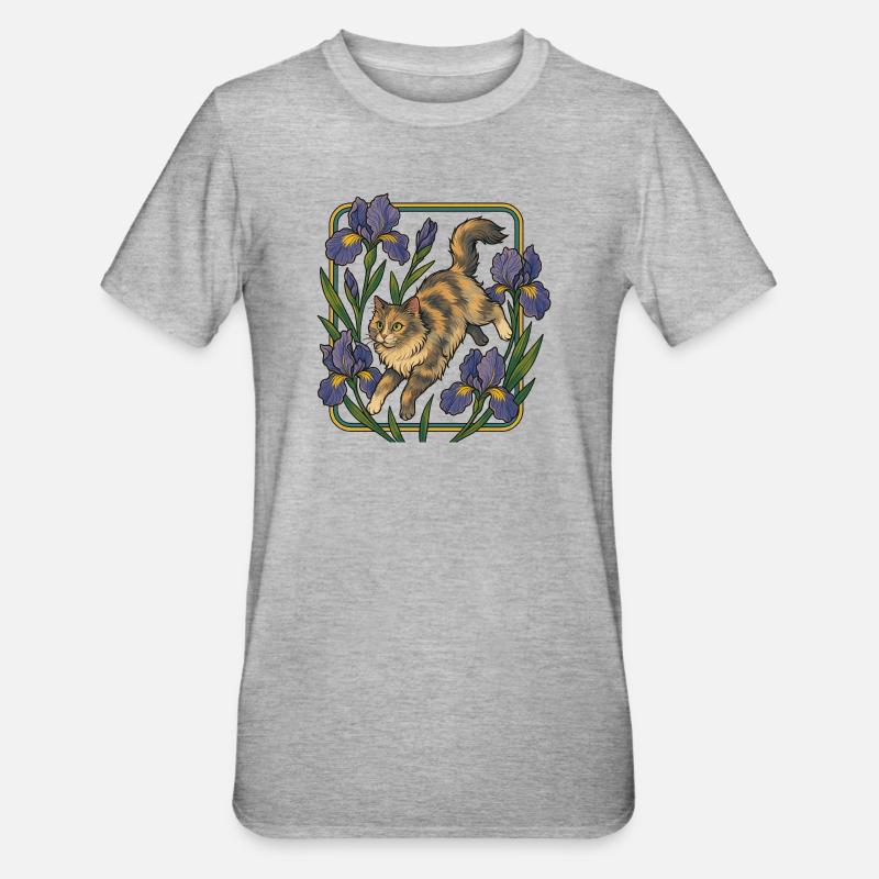 Chat élégant parmi les fleurs d'iris - T-shirt polycoton Unisexe - gris chiné