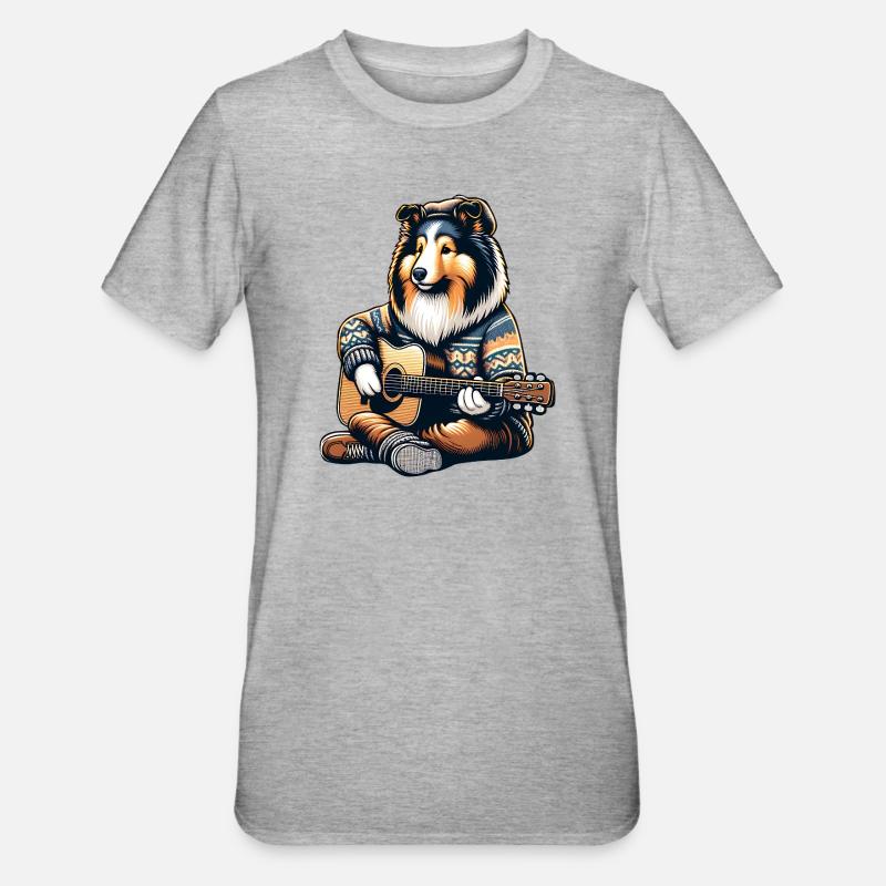 Collie Mit Akustikgitarre Im Strickpullover - Unisex Polycotton T-Shirt - Grau meliert