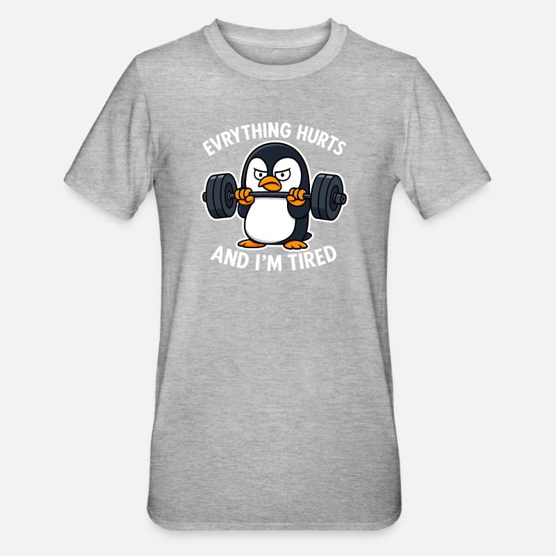 Grumpy Penguin Lifting Weights - Unisex Polycotton T-Shirt - heather grey