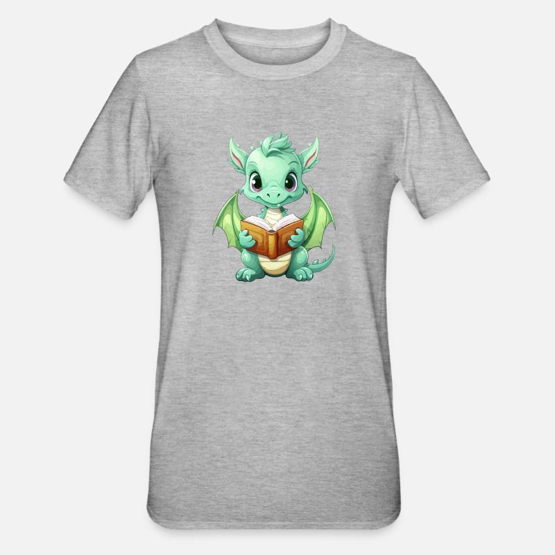 Kritzelnder Drache mit Buch - Unisex Polycotton T-Shirt - Grau meliert