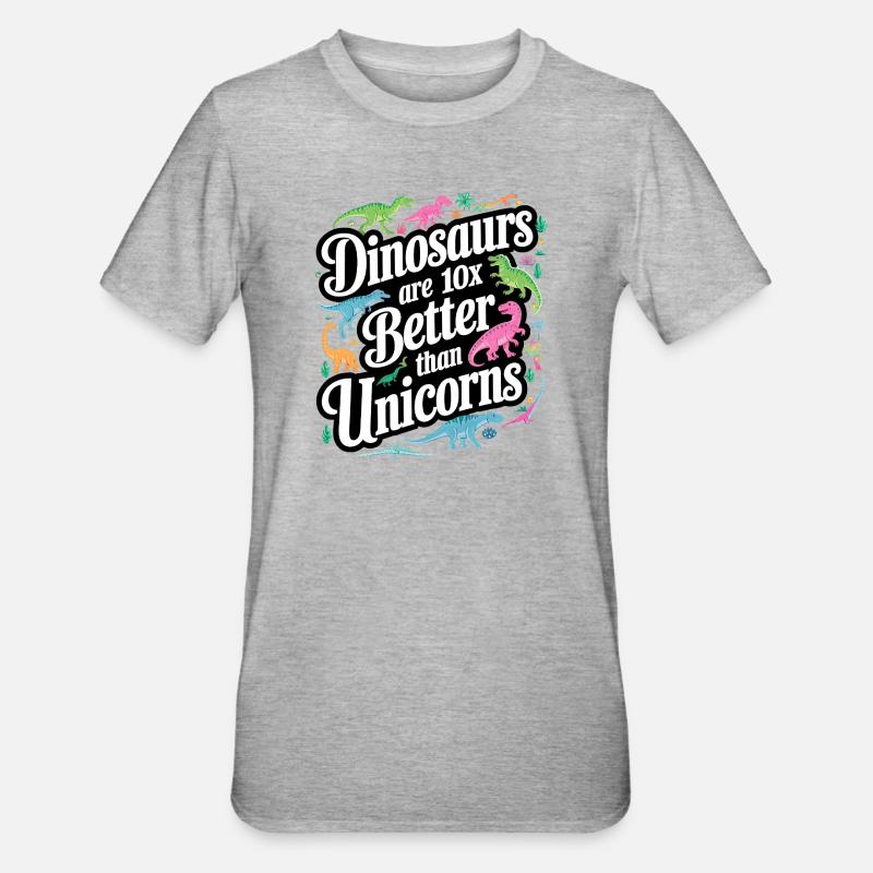 Dinosaurier überstrahlen Einhörner hell - Unisex Polycotton T-Shirt - Grau meliert