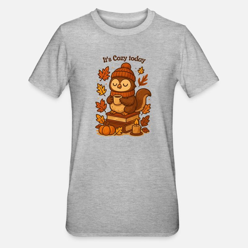 Gemütliche Herbst-Eule mit Tee Mütze  - Unisex Polycotton T-Shirt - Grau meliert