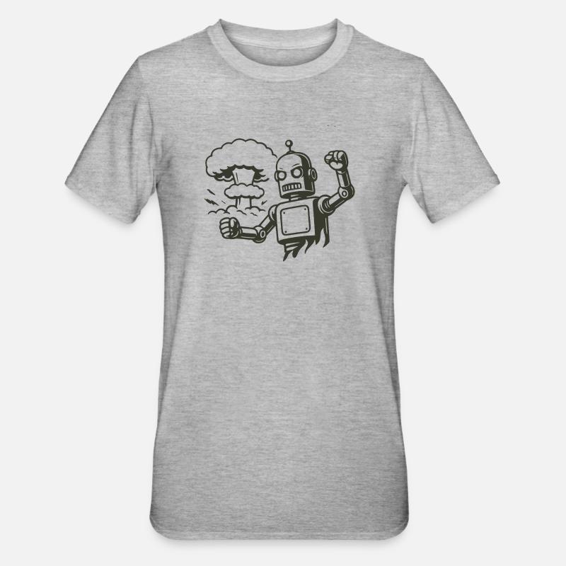 Robot rétro devant un nuage d’explosion - T-shirt polycoton Unisexe - gris chiné