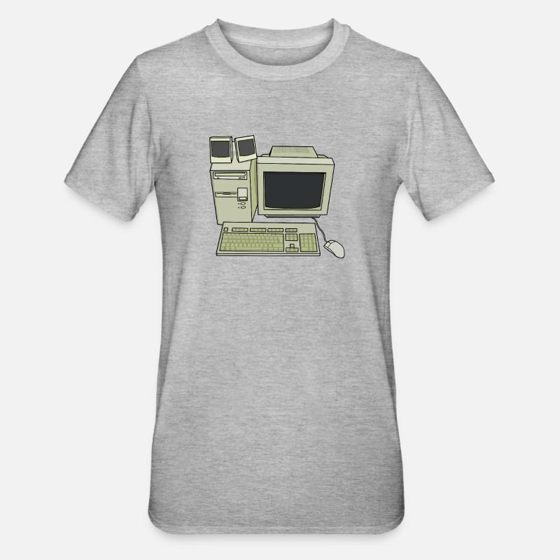 Retro Computer Desk Einrichtung - Unisex Polycotton T-Shirt - Grau meliert