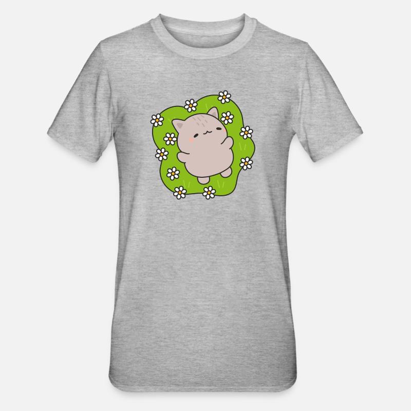 Chat mignon danse parmi des fleurs - T-shirt polycoton Unisexe - gris chiné
